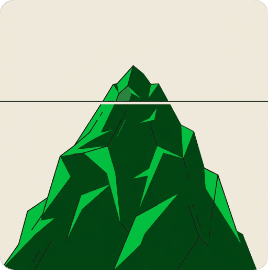 Iceberg: a small visible tip above the waterline, most of the mass below